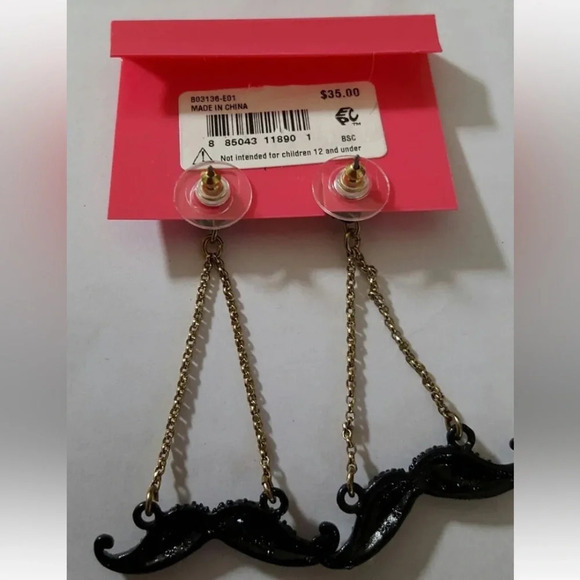 BETSEY JOHNSON RARE COLLECTIBLE Vintage Film Noir Mustache Drop Earrings NEW NWT - Picture 2 of 3